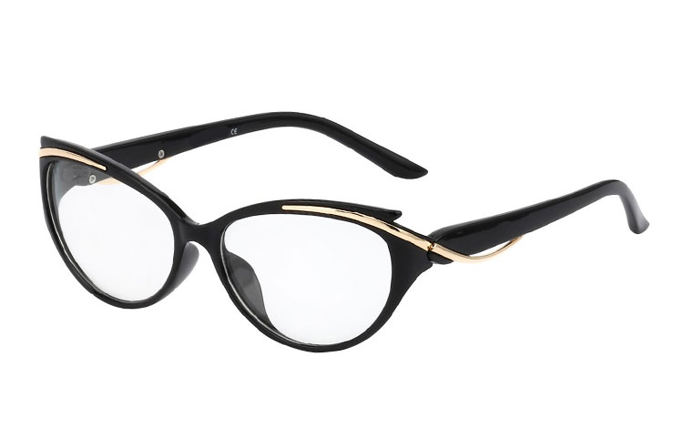 Sort Cateye brille med klart glas uden styrke i ægte 40er - 60er stil