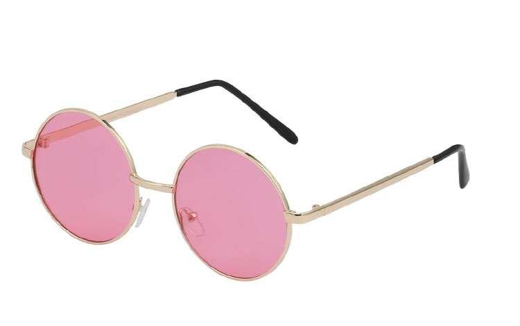 Rund metal solbrille med lyserøde glas