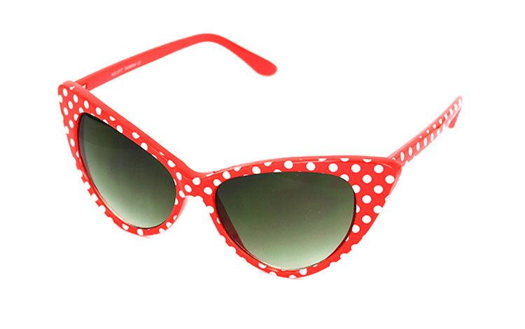 Rød cateyesolbrille med hvide prikker. Lækker 30´er - 50´er stil.