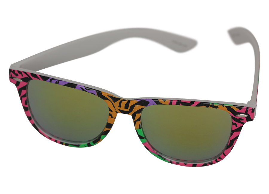 Wayfarer solbrille i multifarvet dyreprint design med spejlglas
