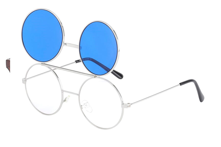 Sølvfarvet brille med flip-up solbrille med blå glas.  - accessories.dk - billede 2