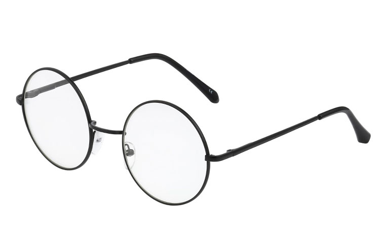 Sort rund brille med klart glas uden styrke