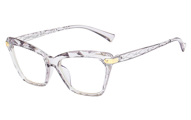 Grå transparent cat-eye brille i mønstret og indgraveret glas.