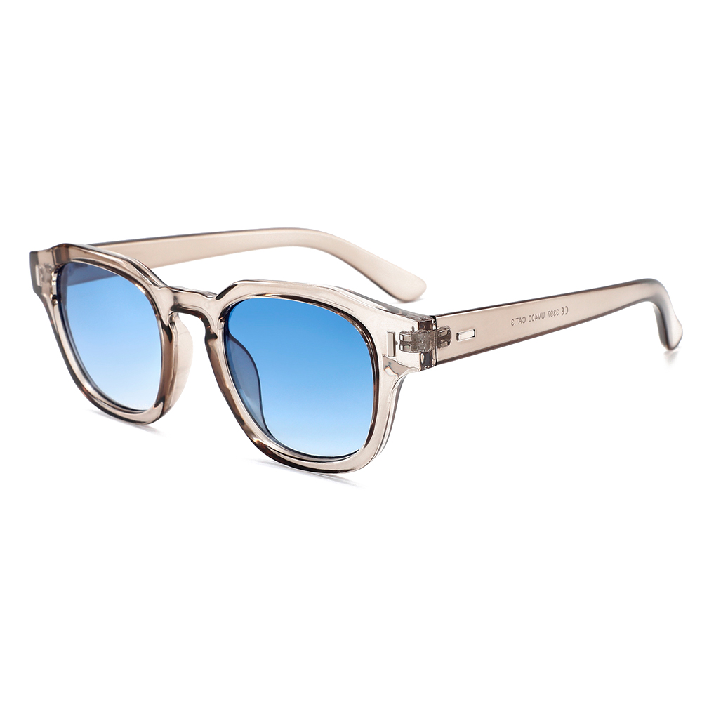 Dame solbrille i lys transparent olivengrÃ¸nt stel med blÃ¥ glas
