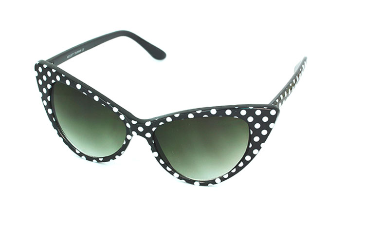 Sort cateye solbrille med hvide prikker. 30´er - 50´er stil