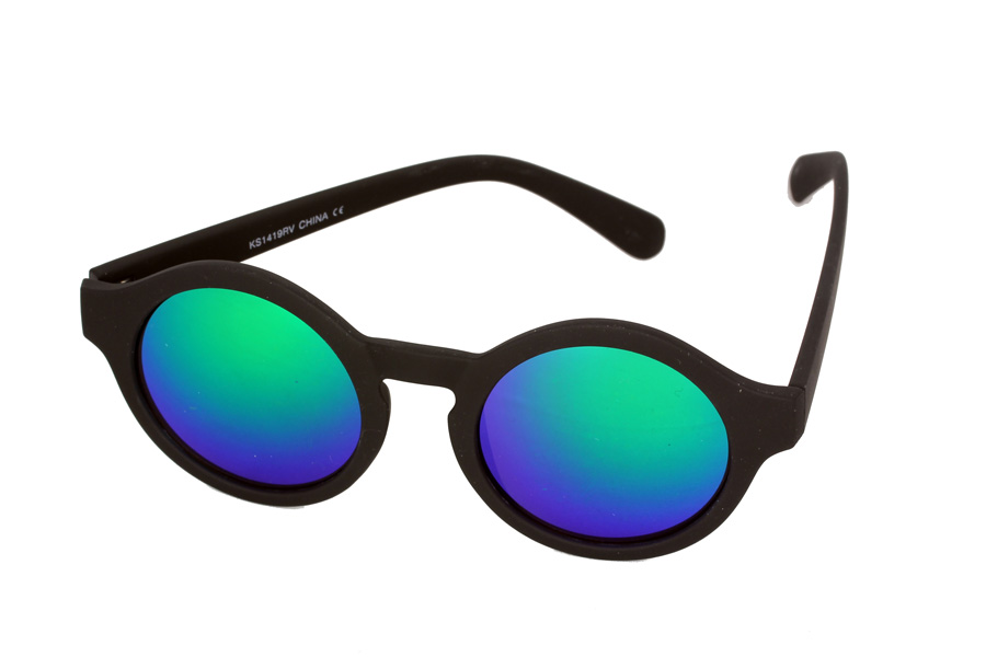Rund sort solbrille med spejlglas i blå-grønne nuancer