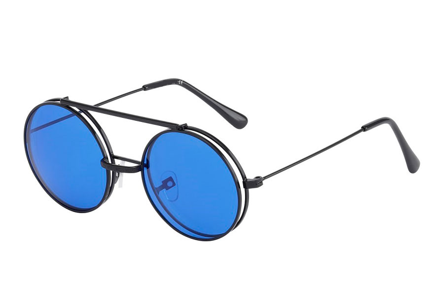Brille i sort metal stel med flip-up solbrille i blå glas.