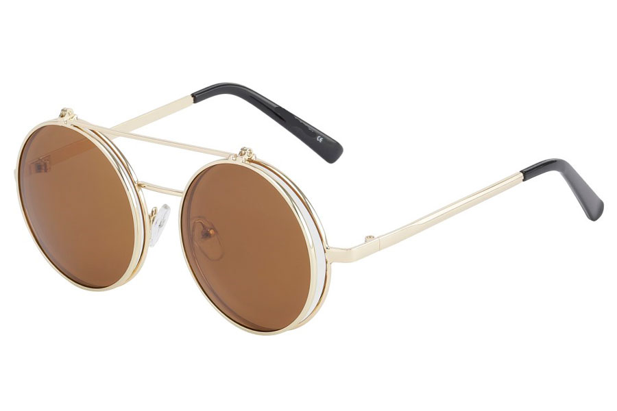 Brille med flip-up solbrille med brune linser.
