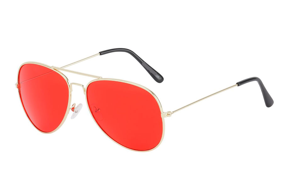Guldfarvet aviator solbrille med røde linser