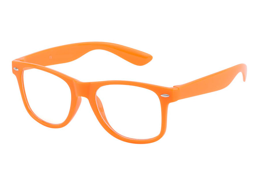 Orange brille med klart glas uden styrke.