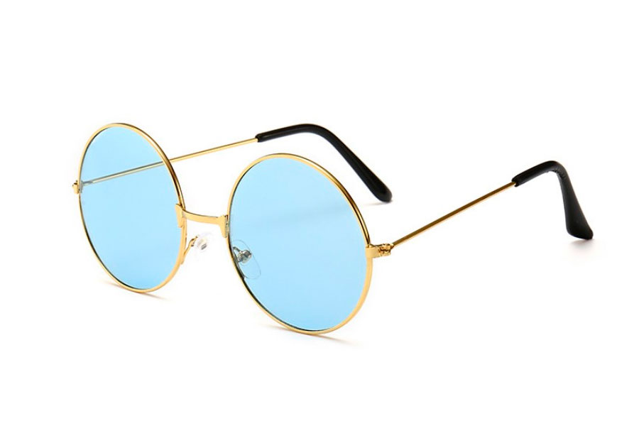 Rund guldfarvet lennon solbrille med blå linser