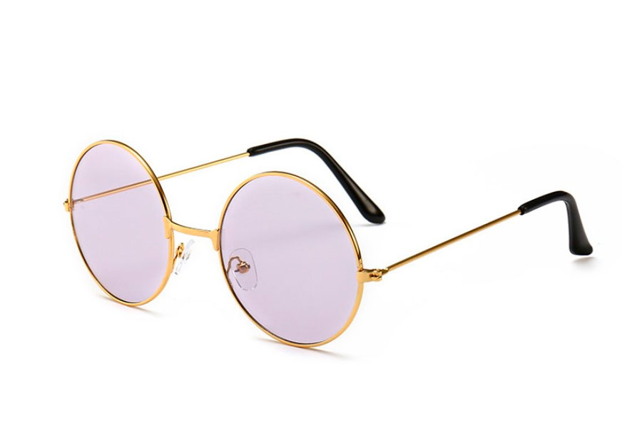 Rund solbrille i guldfarvet rundt lennon design med lyselilla glas