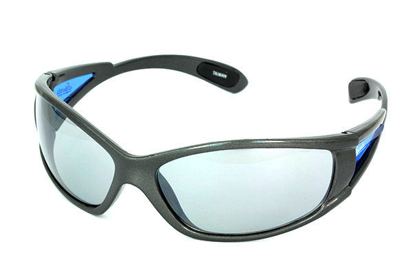 Løbe solbrille i mørkt design med  lyst blåligt glas