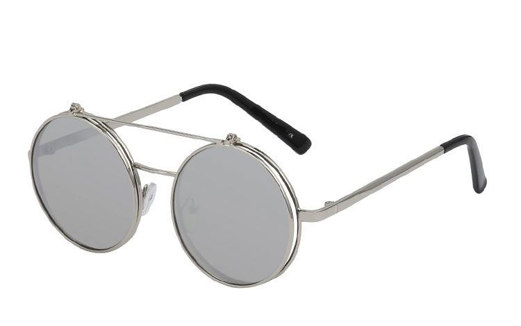 Rund sølvfarvet brille med flip-up solbrille