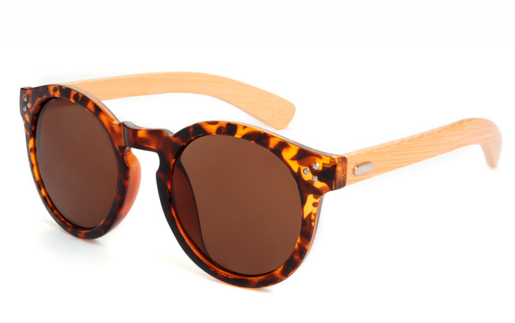 Rund solbrille i skildpadde / leoprad brun med bambus - Design nr. 3495