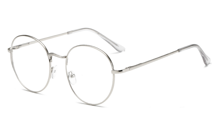 Rund sølvfarvet metalbrille med klart glas uden styrke. - Design nr. 4420