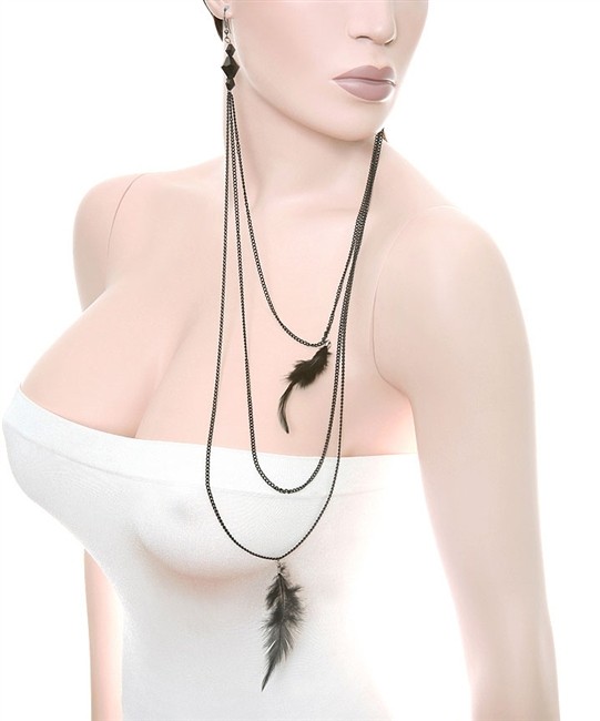 Øreringe hænger sammen som halskæde, med fjer og kæde - flere farver - Design nr. 97