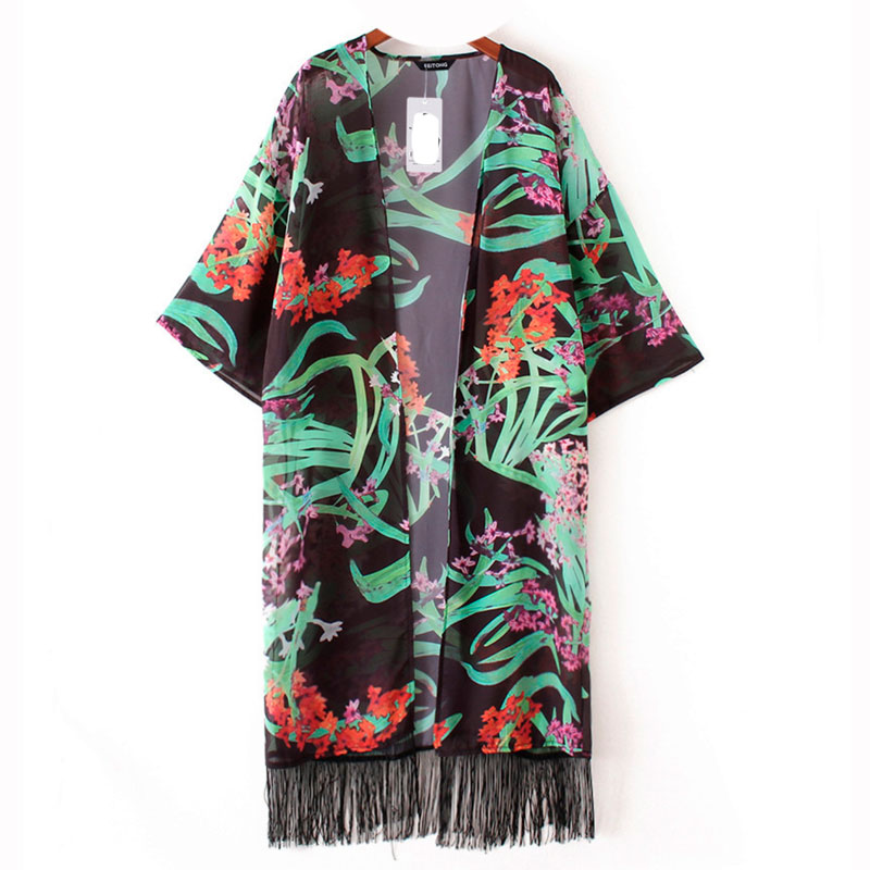 Farverig jungle kimono med sort baggrund - Design nr. k88