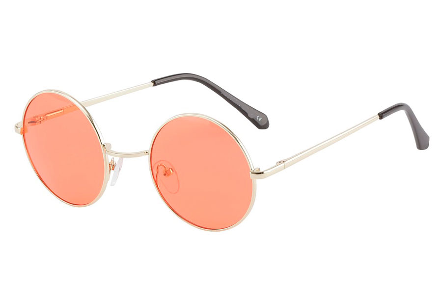 Rund brille i guldfarvet stel med koral-røde linser.  - Design nr. 3847