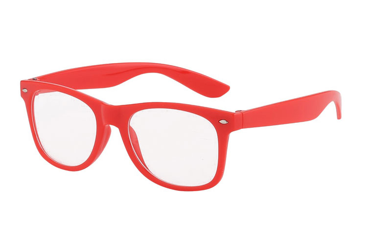 Rød wayfarer brille med klart glas uden styrke